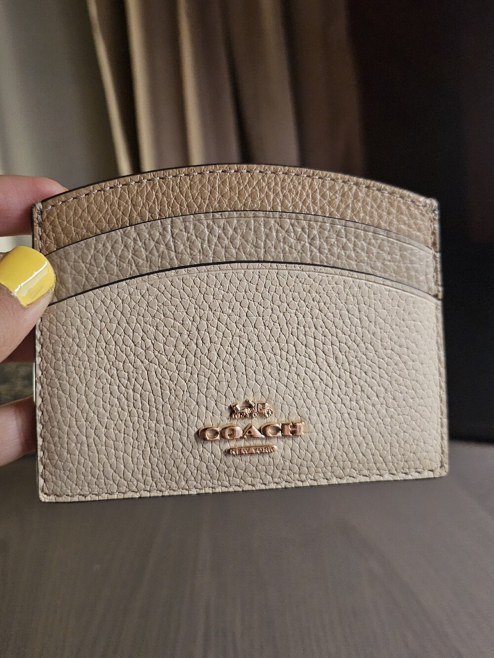 Coach Pebbled Leather Card Holder in Beige and Tan with Gold Logo